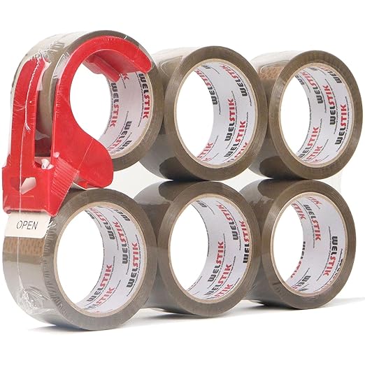 WELSTIK 3" Core, 6 Pack 2 inch x 60 Yards Heavy Duty Brown Packaging Tape with Dispenser