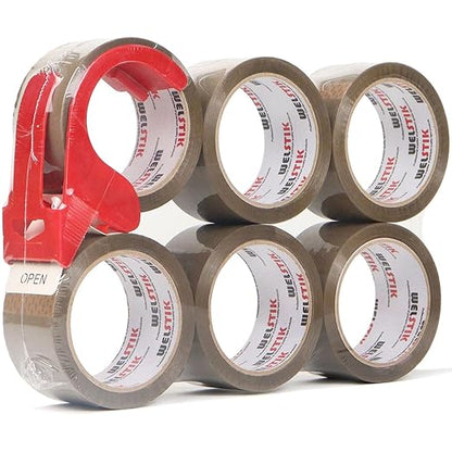 WELSTIK 3" Core, 6 Pack 2 inch x 60 Yards Heavy Duty Brown Packaging Tape with Dispenser