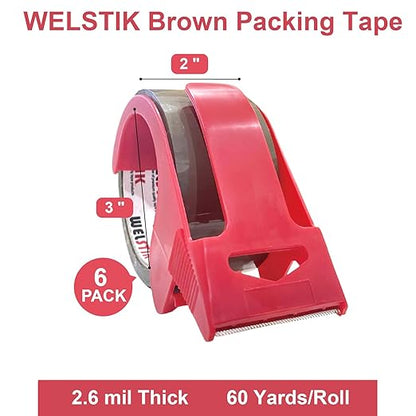 WELSTIK 3" Core, 6 Pack 2 inch x 60 Yards Heavy Duty Brown Packaging Tape with Dispenser