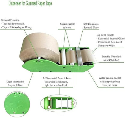 WELSTIK Water Activated Gummed Kraft Paper Tape Packaging Dispenser 3 Inch Green